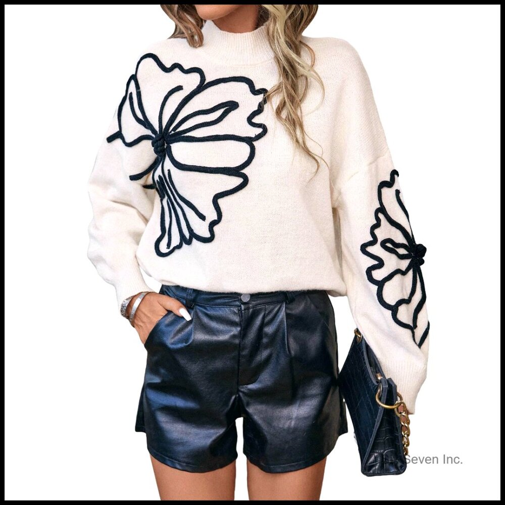 Floral Mock Neck Long Sleeve Sweater Dressy Embellished Pullover Knit Top